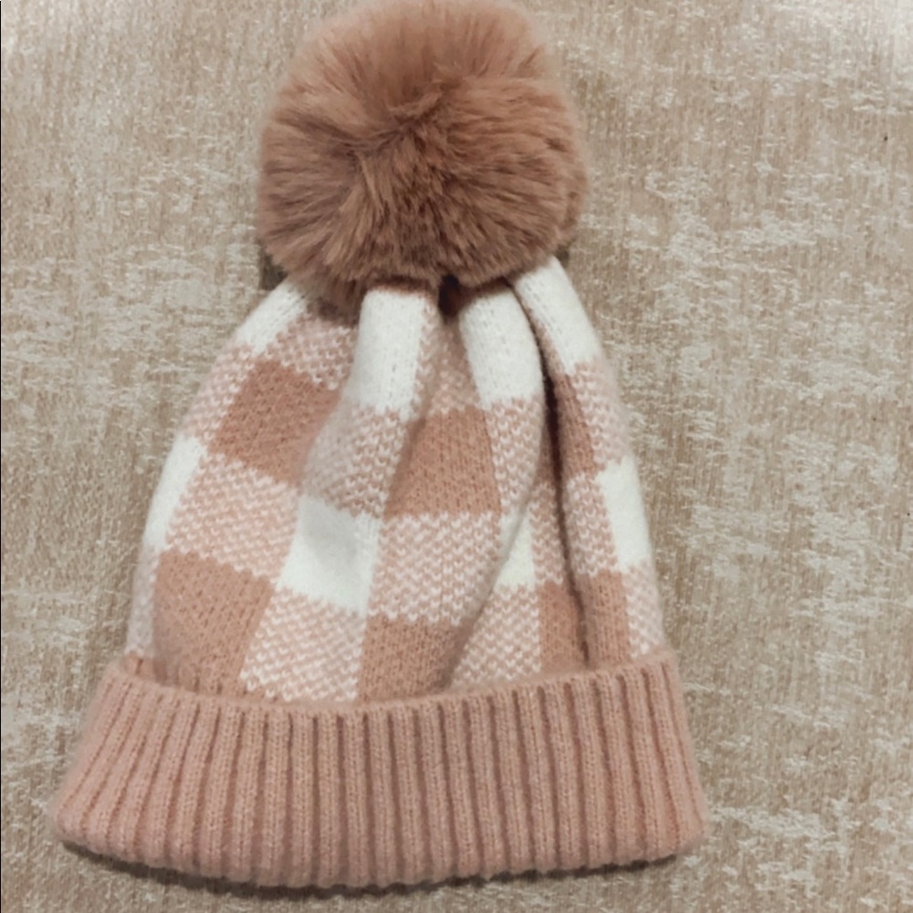 Women’s Plaid Pink Beanie With Fuzzy Ball One Size